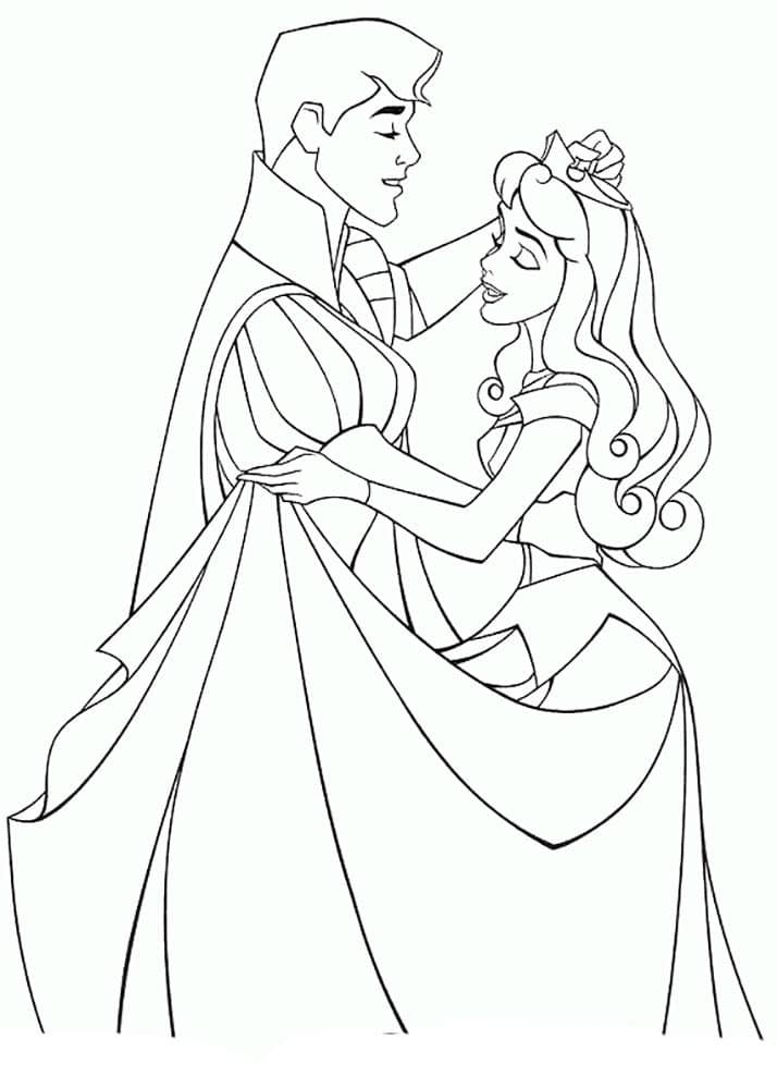 The sleeping beauty and the prince at the ball coloring page
