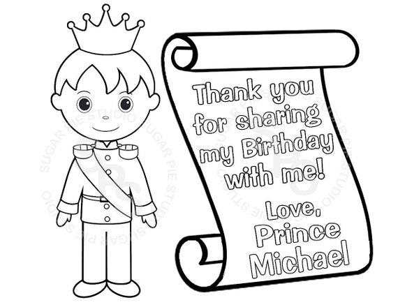 Personalized prince coloring page birthday party favor
