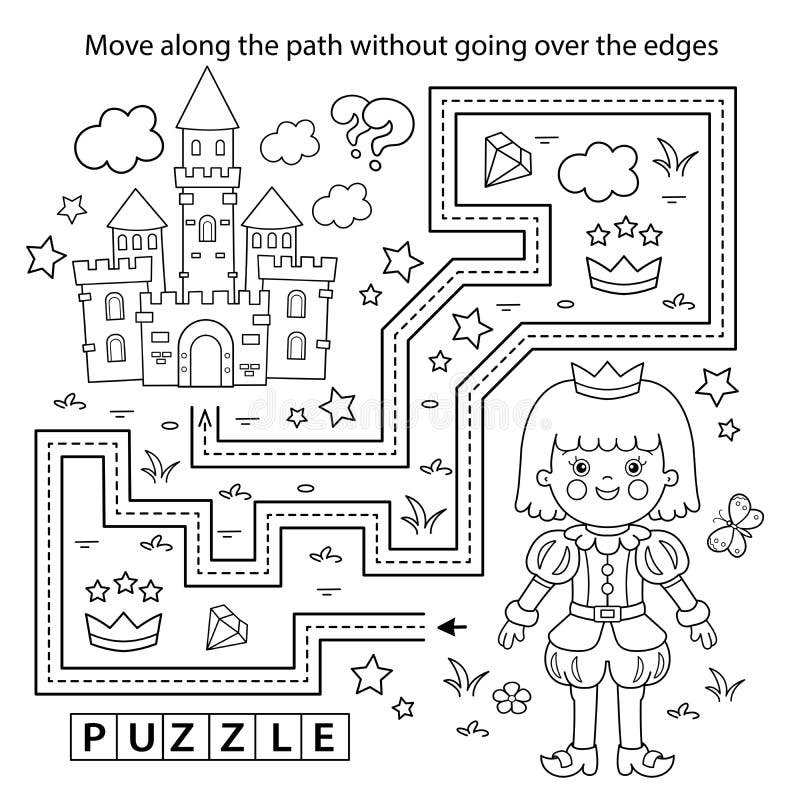 Handwriting practice sheet simple educational game or maze coloring page outline of cartoon prince beautiful young king stock vector