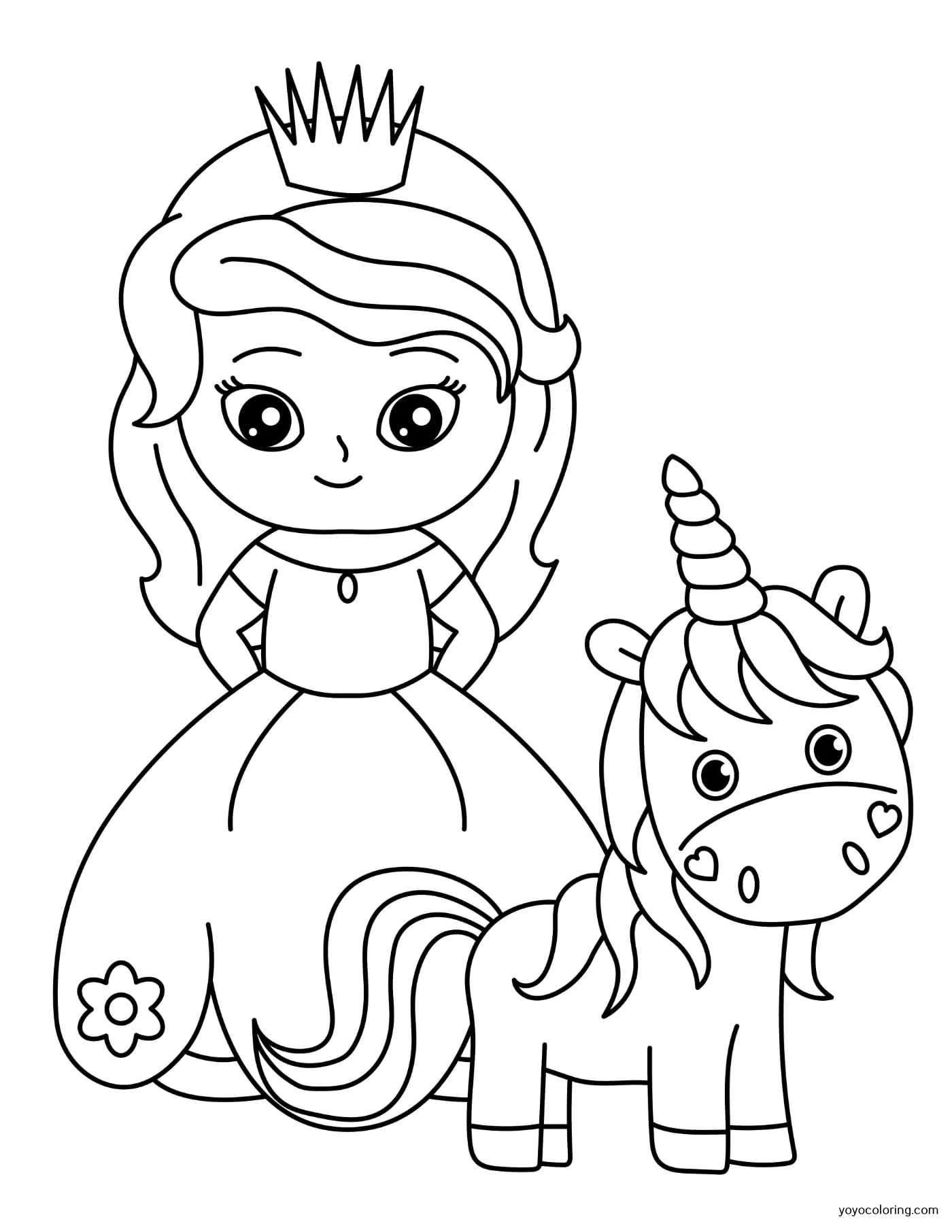 Princess with unicorn coloring pages á printable painting template