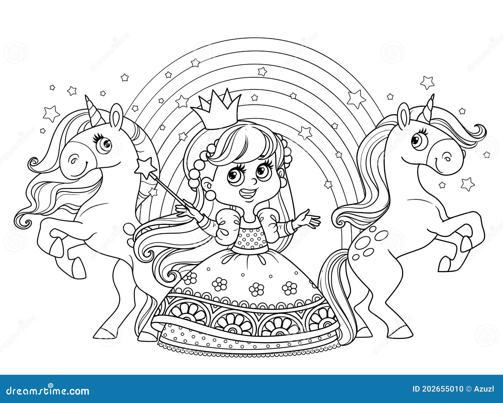 Princa vtida de pelota con unicornio y arco iris delineado para libro de colorido ilustraciãn del vector
