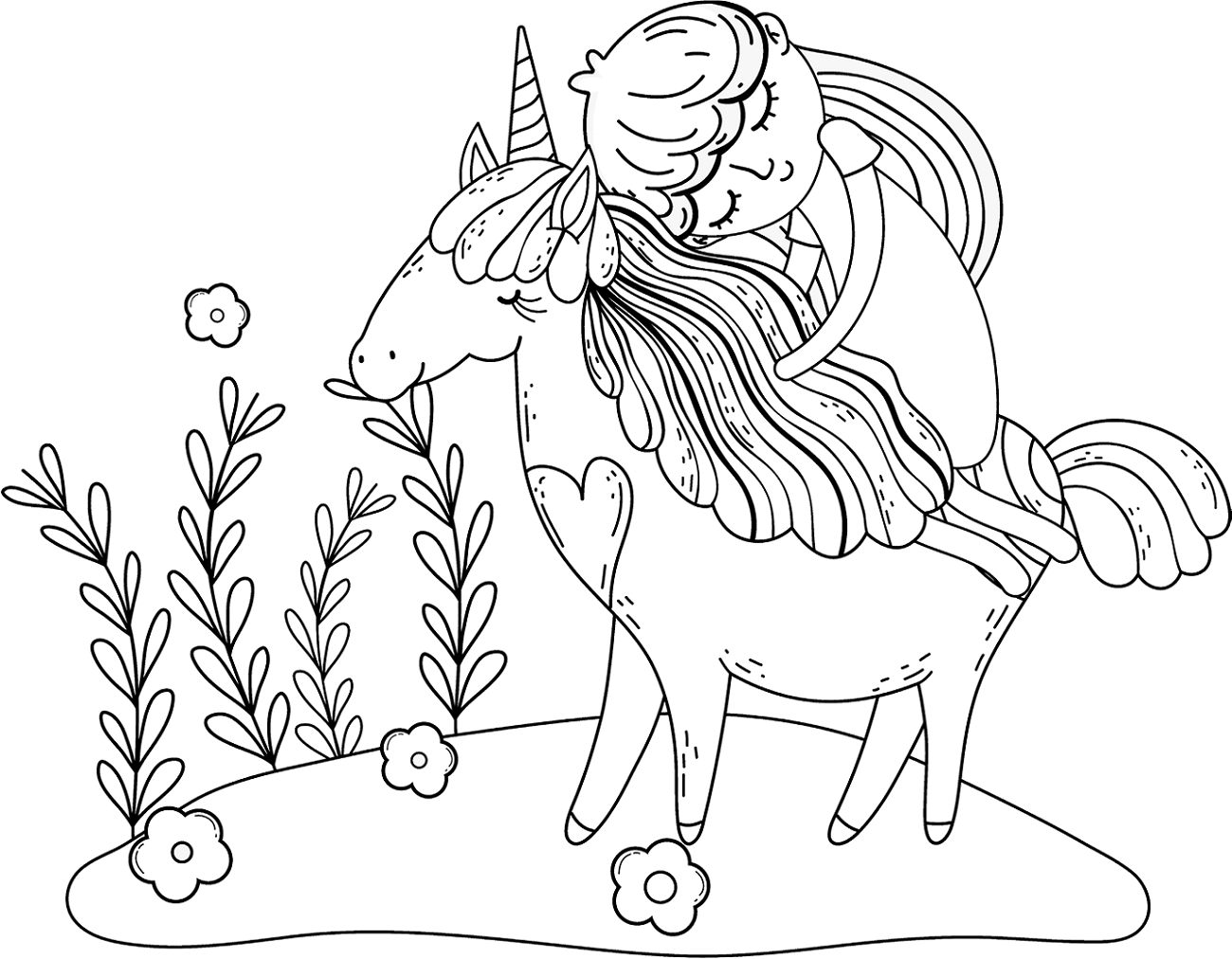 Pequeãa princesa durmiendo en unicornio para colorear imprimir e dibujar â