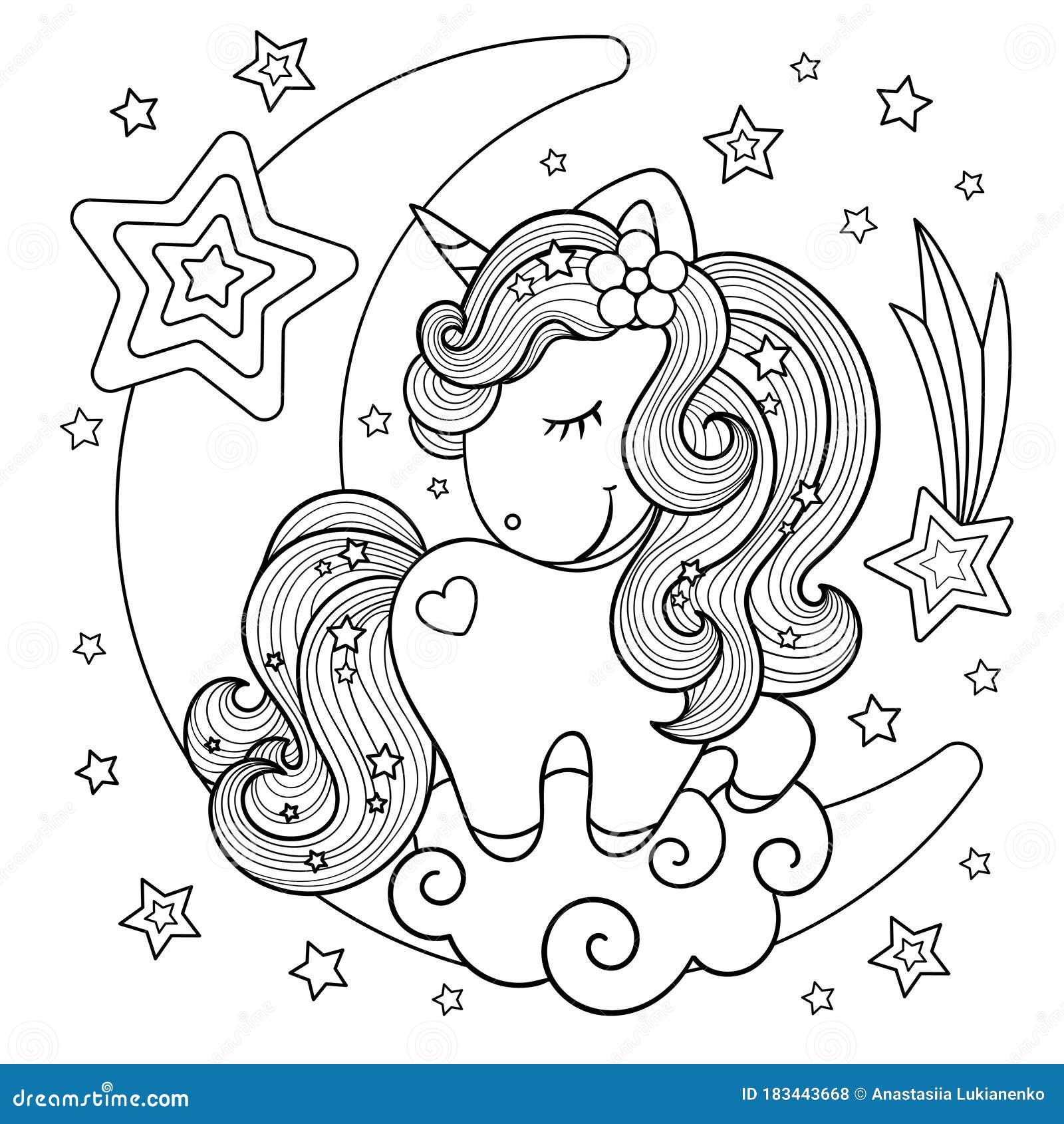 Cute cartoon unicorn on the moon black and white vector illustration stock vector