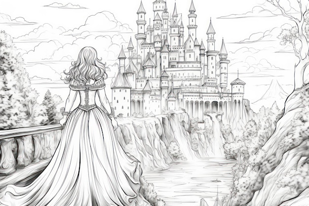 Dibujos para colorear para adultos princa ir al castillo en cala de gris foto premium