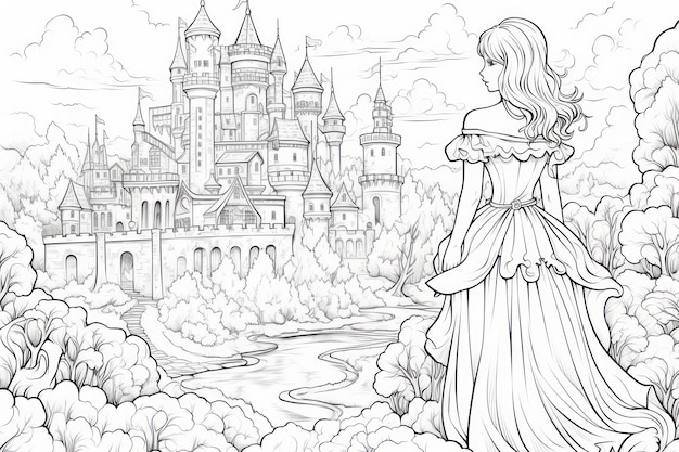 Dibujos para colorear para adultos princa ir al castillo en cala de gris foto premium