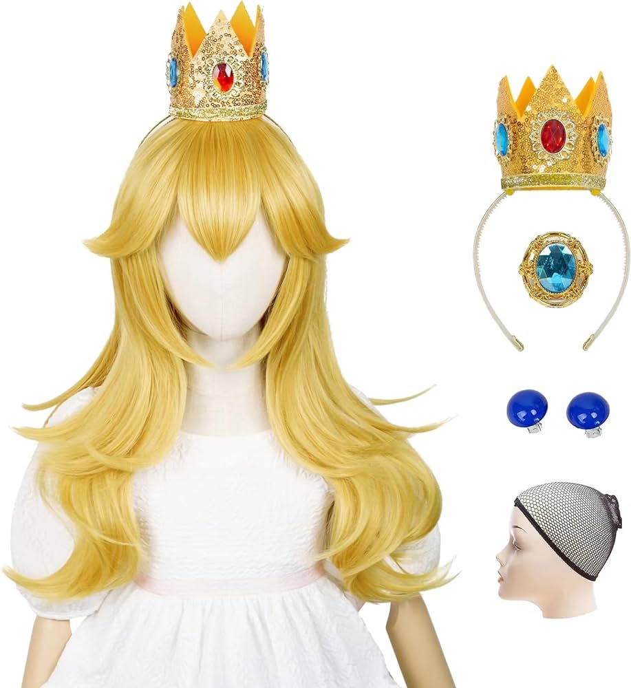 Princess wig peach wigs for kids girls with crown headband ear clips brooch hair net long blonde child curly wig inch golden wave cosplay wig anime game movie
