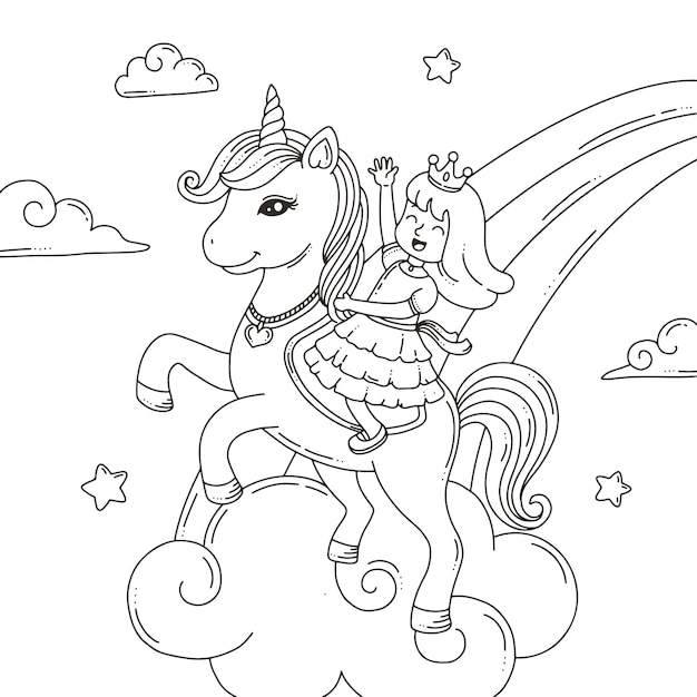 Premium vector coloring page the unicorn and princess