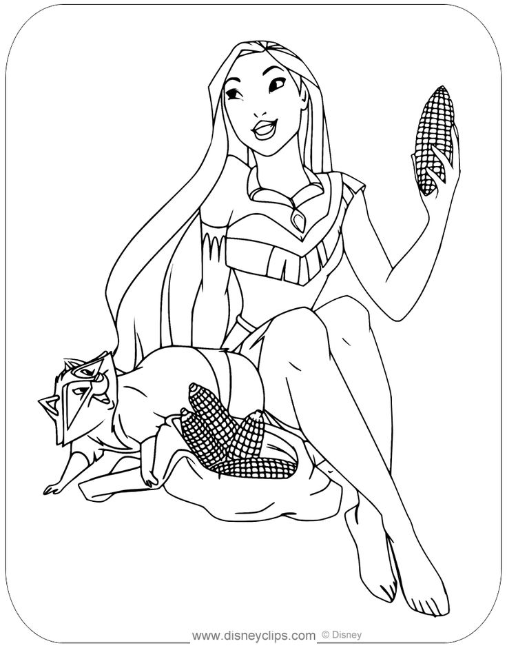 Pocahontas holding an ear of corn with meeko in coloring book art disney princess colors disney coloring pages