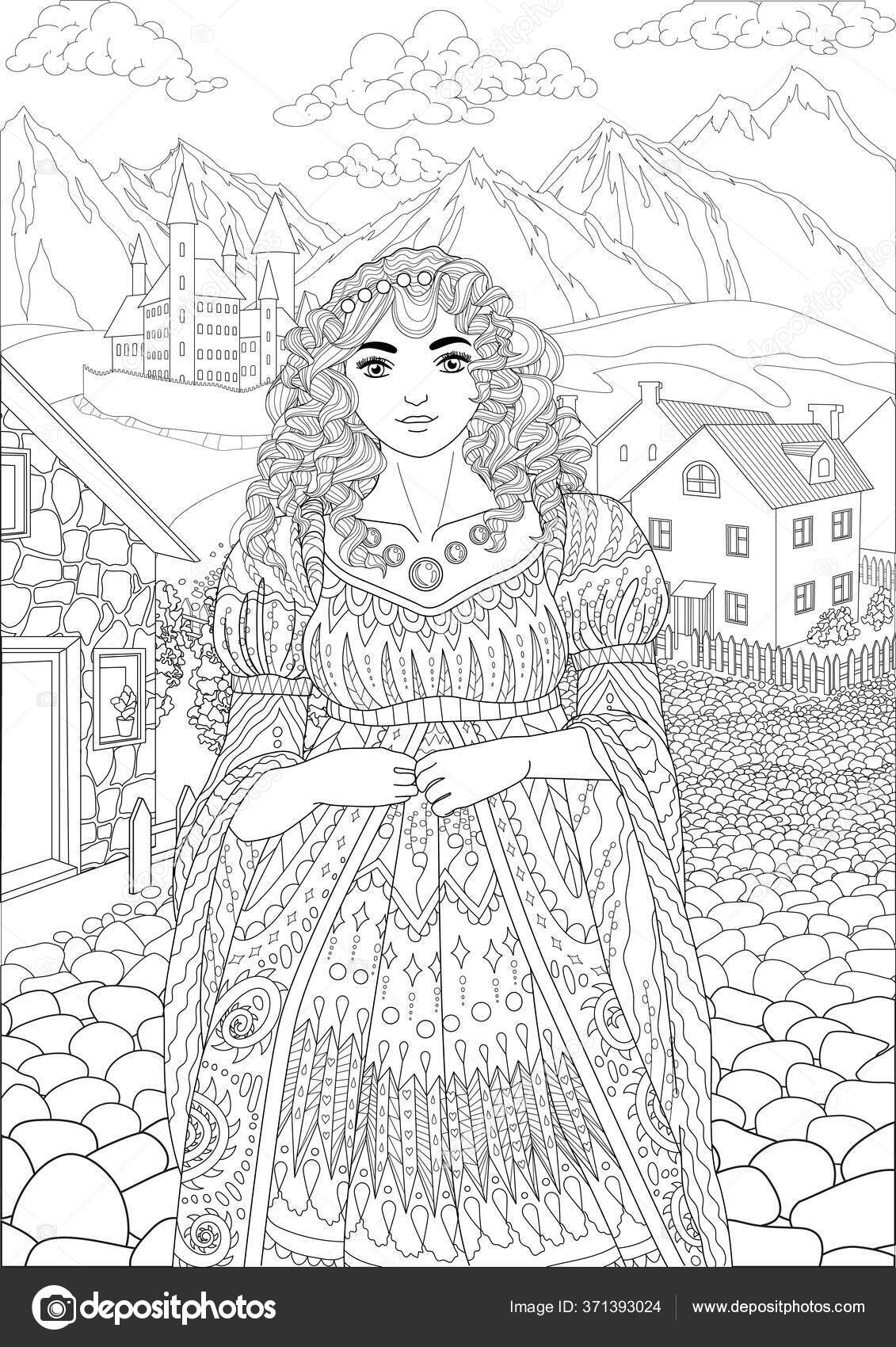 Coloring book for adults with beautiful princess stock vector by lezhepyoka