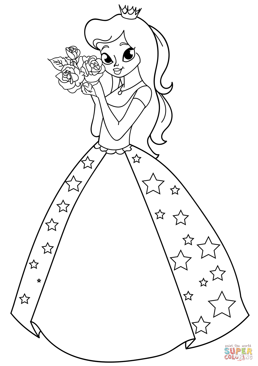 Princess with roses coloring page free printable coloring pages