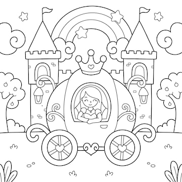 Premium vector beautifull princess in carriage castle coloring page illustration