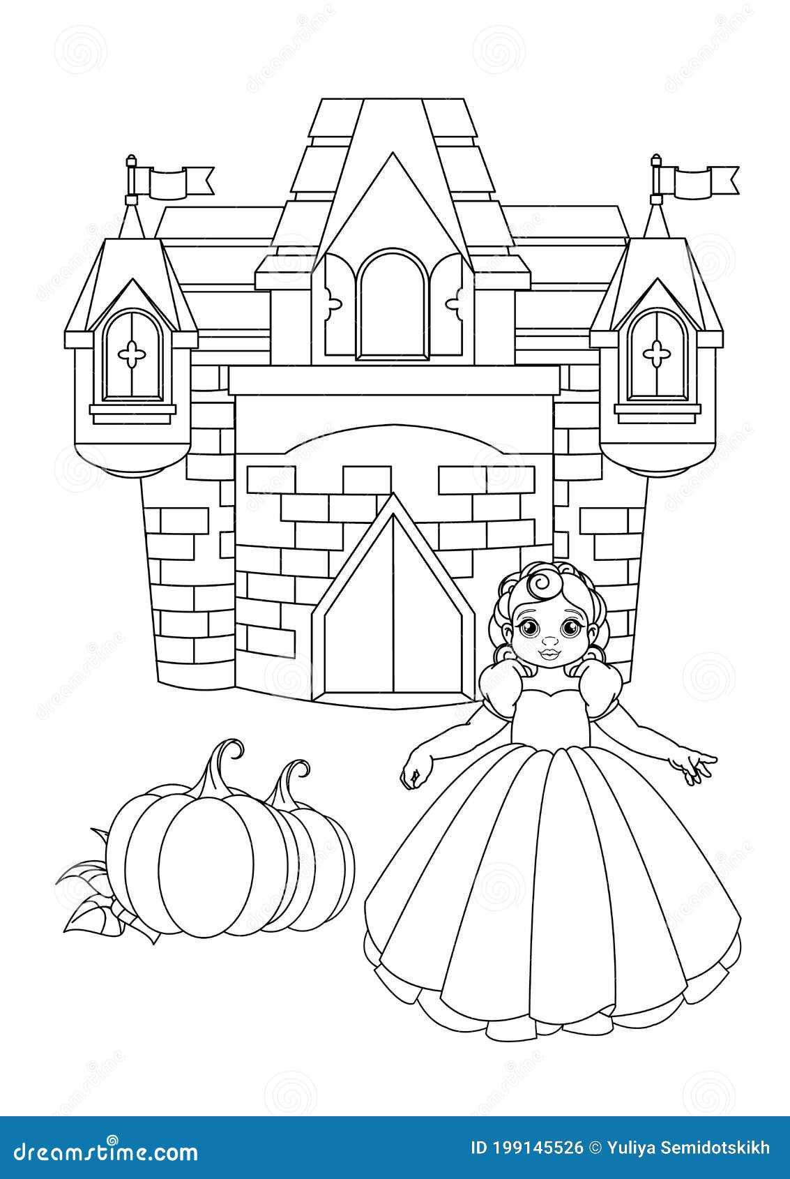 Cute princess and fairy tale castle coloring book page stock vector