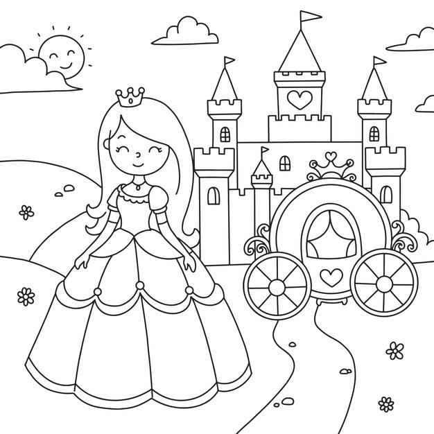 Premium vector coloring landscape beautiful princess with a carriage near the castle princesas para colorear princesa para pintar pintar princesa