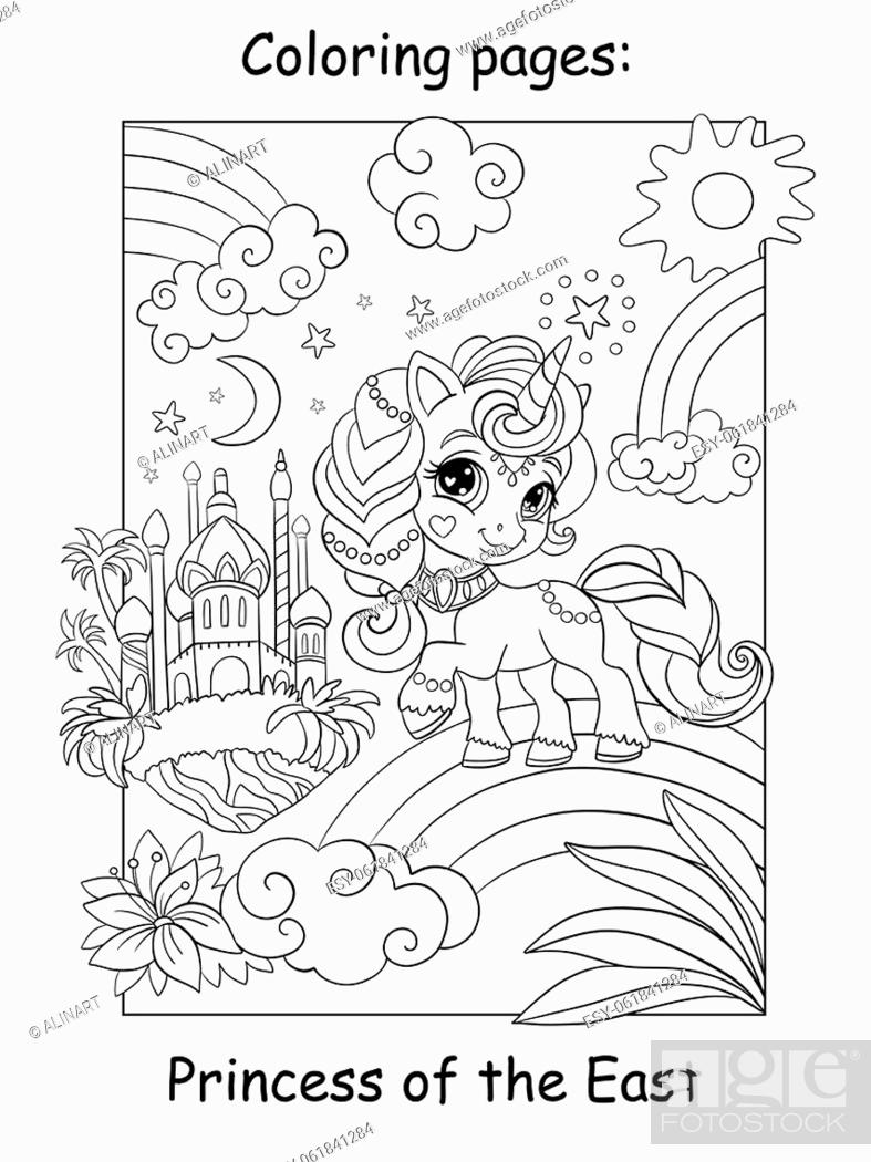 Cute unicorn princess of the east with castle coloring book page for children stock vector vector and low budget royalty free image pic esy