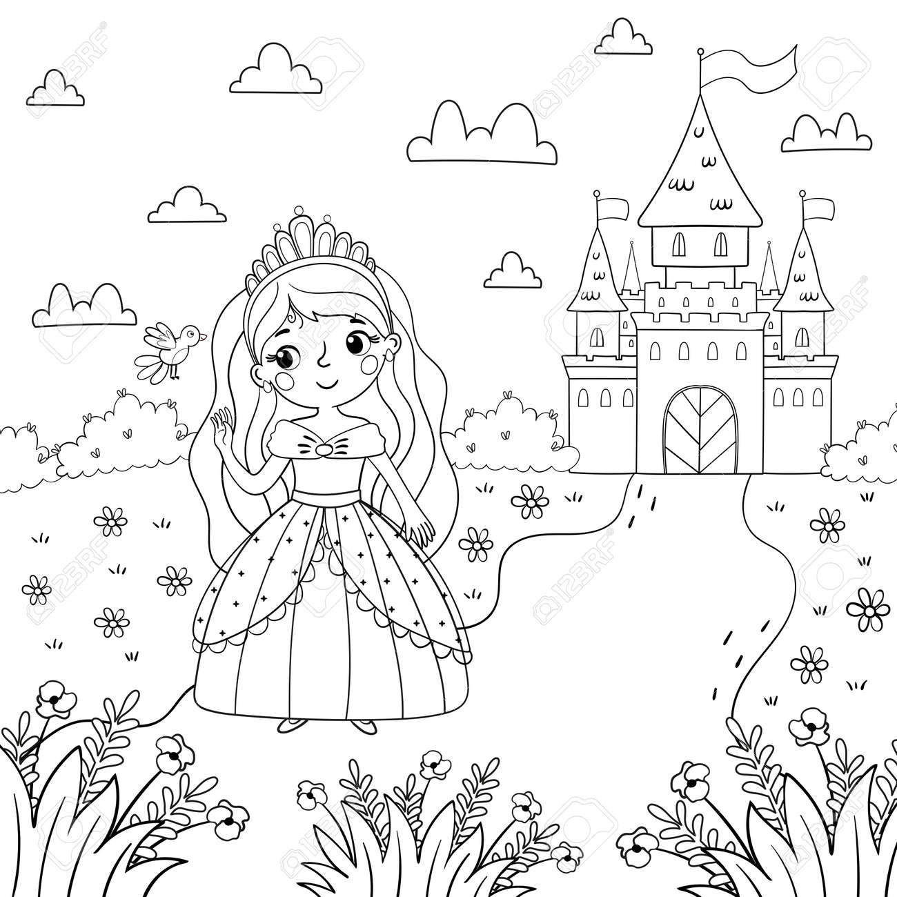 Page of coloring book a girl and a princess on the background of a magic castle design for kids royalty free svg cliparts vectors and stock illustration image