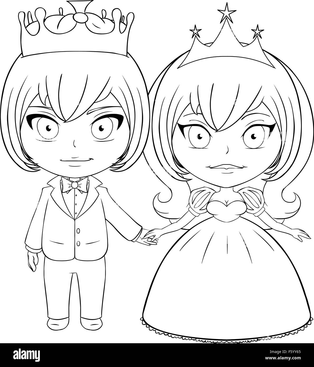 Vector illustration coloring page of a prince and princess holding hands and smiling stock vector image art