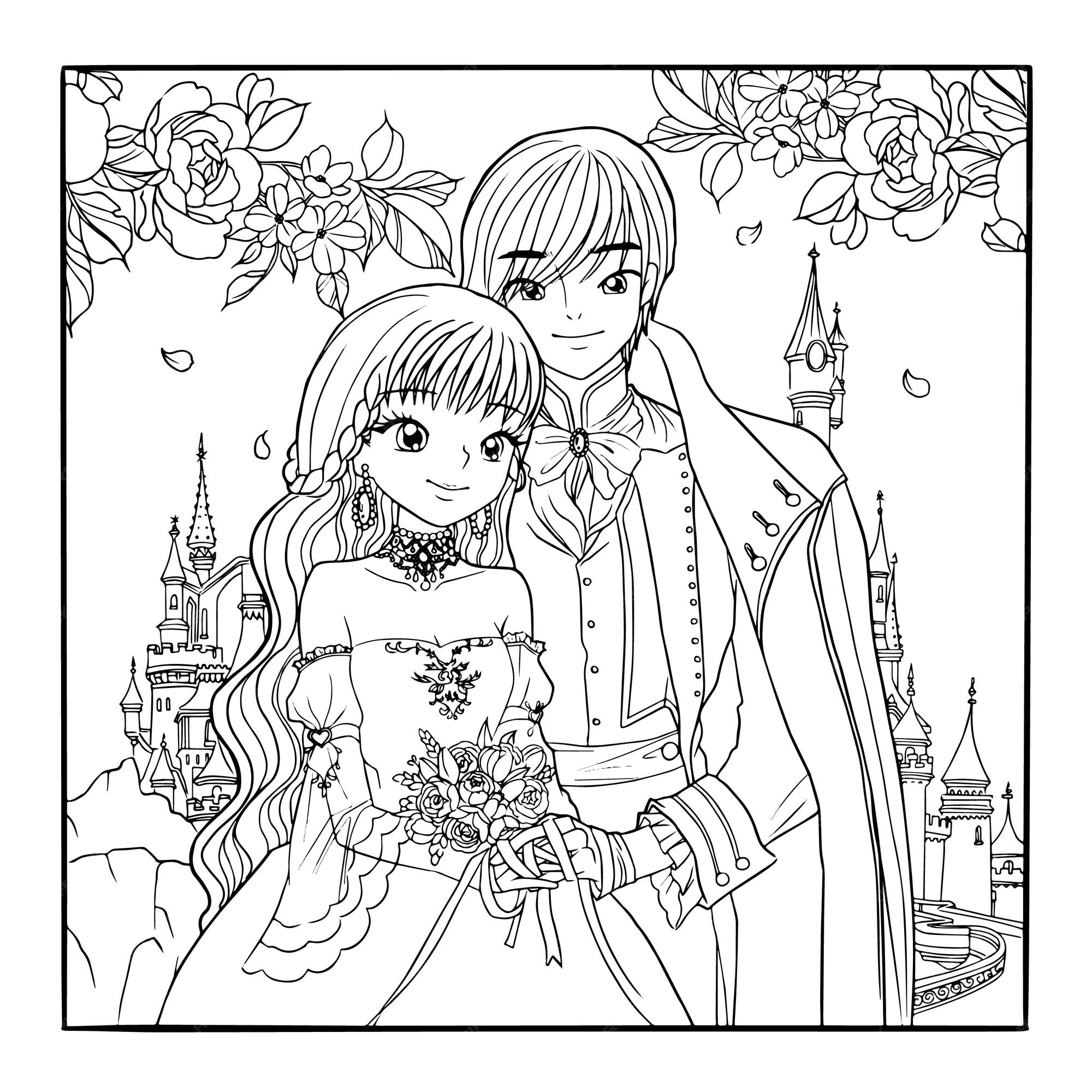 Premium vector princess prince castle coloring page cartoon cute kawaii manga illustration clipart