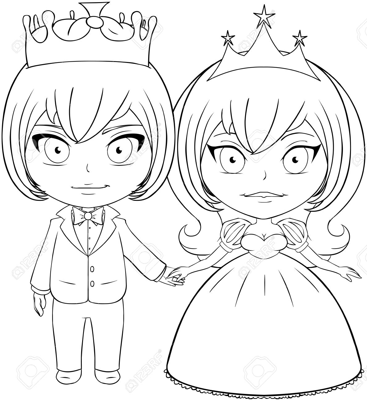 Vector illustration coloring page of a prince and princess holding hands and smiling royalty free svg cliparts vectors and stock illustration image