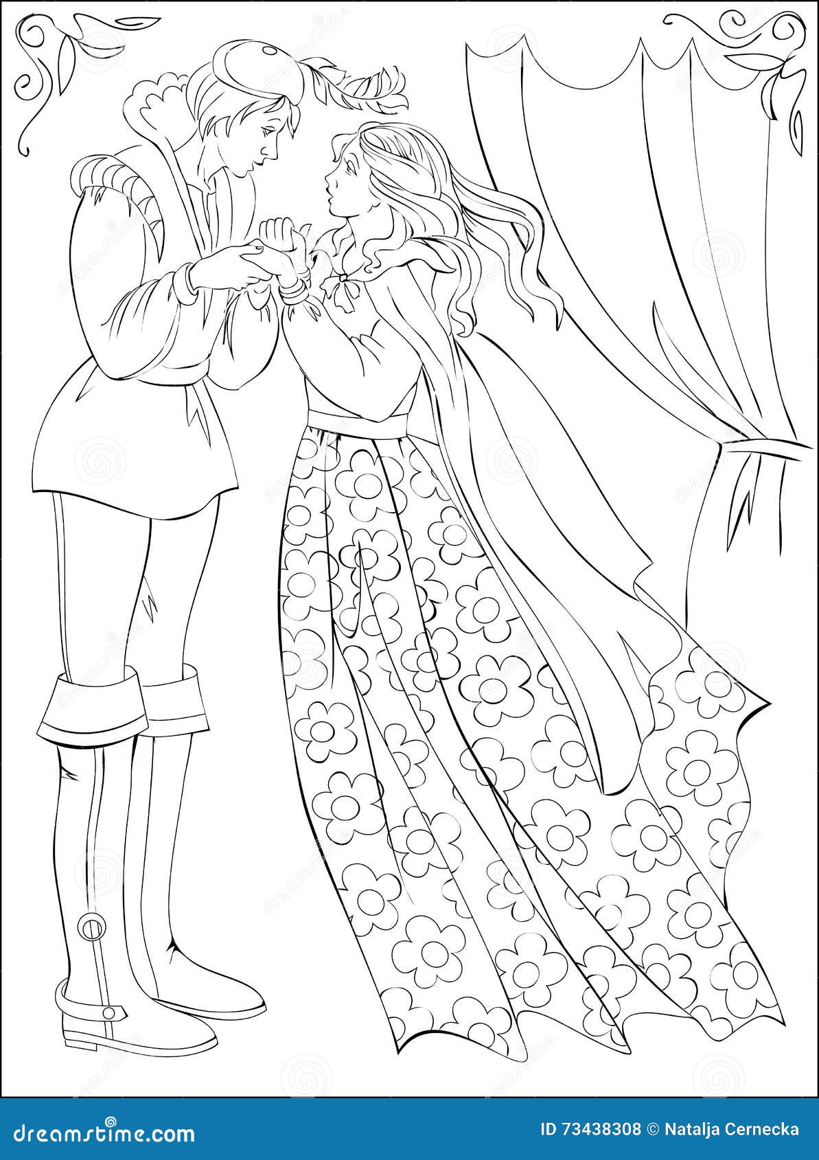 Black and white illustration of medieval prince and princess for coloring stock vector