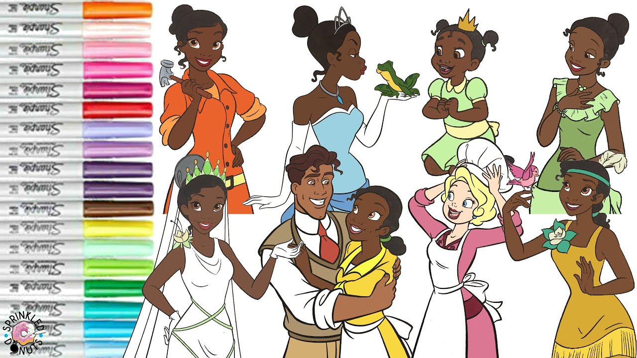 Disney princess coloring book copilation princess tiana prince naveen lottie princess and the frog