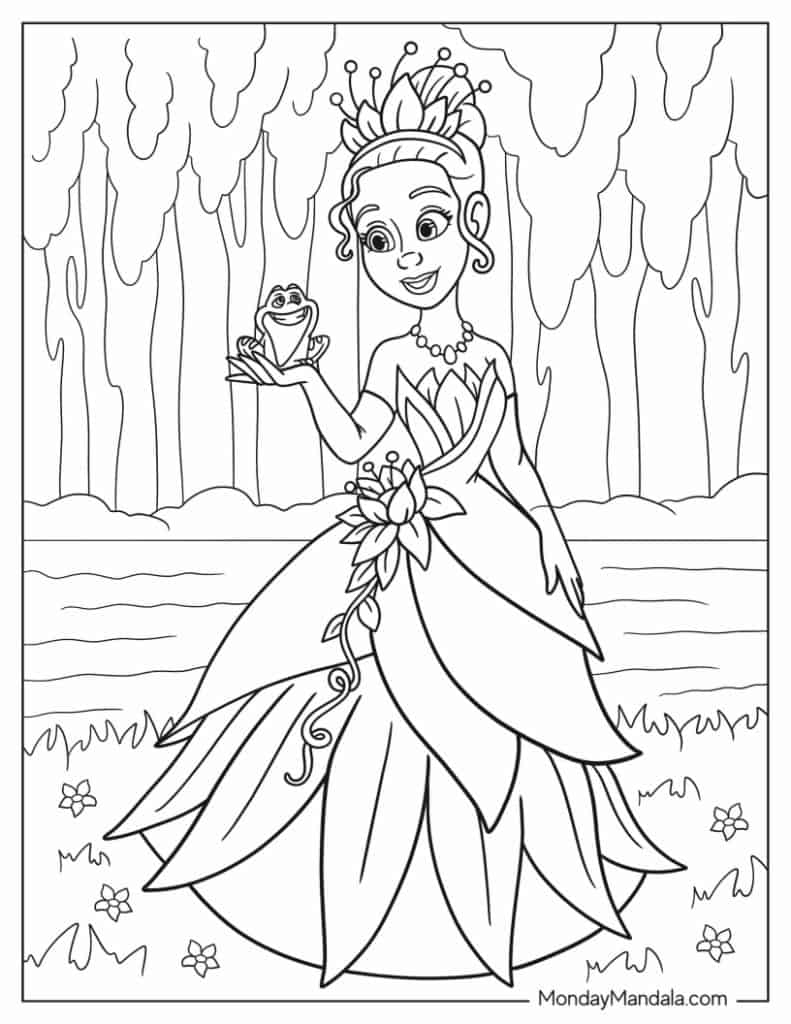 Princess the frog coloring pages free pdf printables