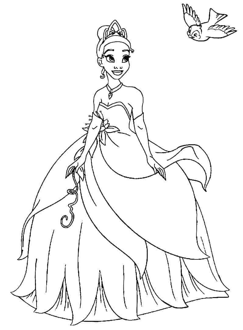 Princess tiana and bird coloring page