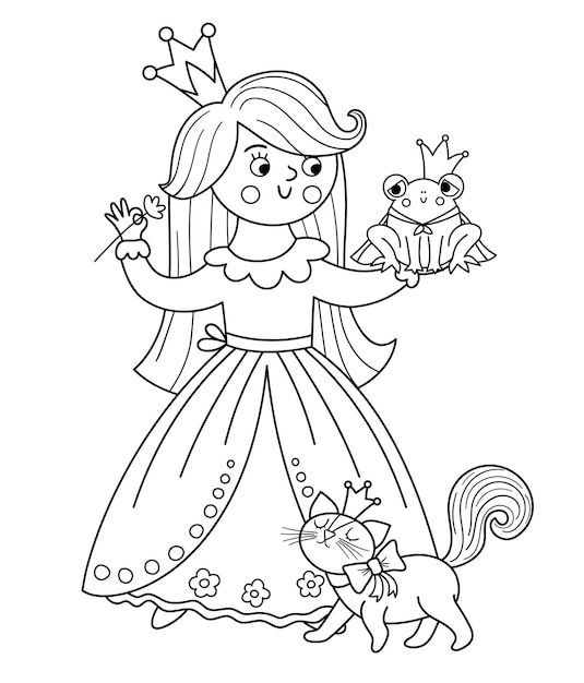 Premium vector fairy tale vector black and white princess with frog prince and cat fantasy line girl in crown medieval fairytale maid coloring page girlish cartoon magic icon with cute characterxa