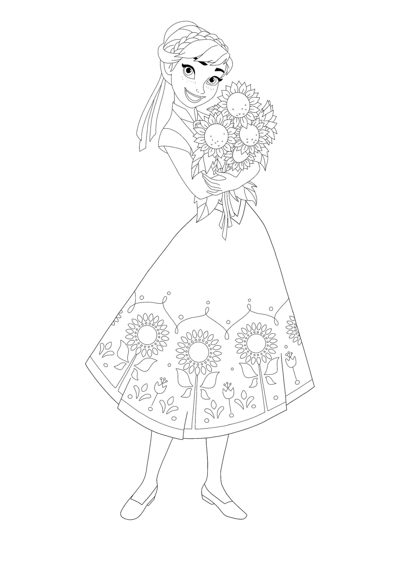 Princess anna with sunflowers coloring pages