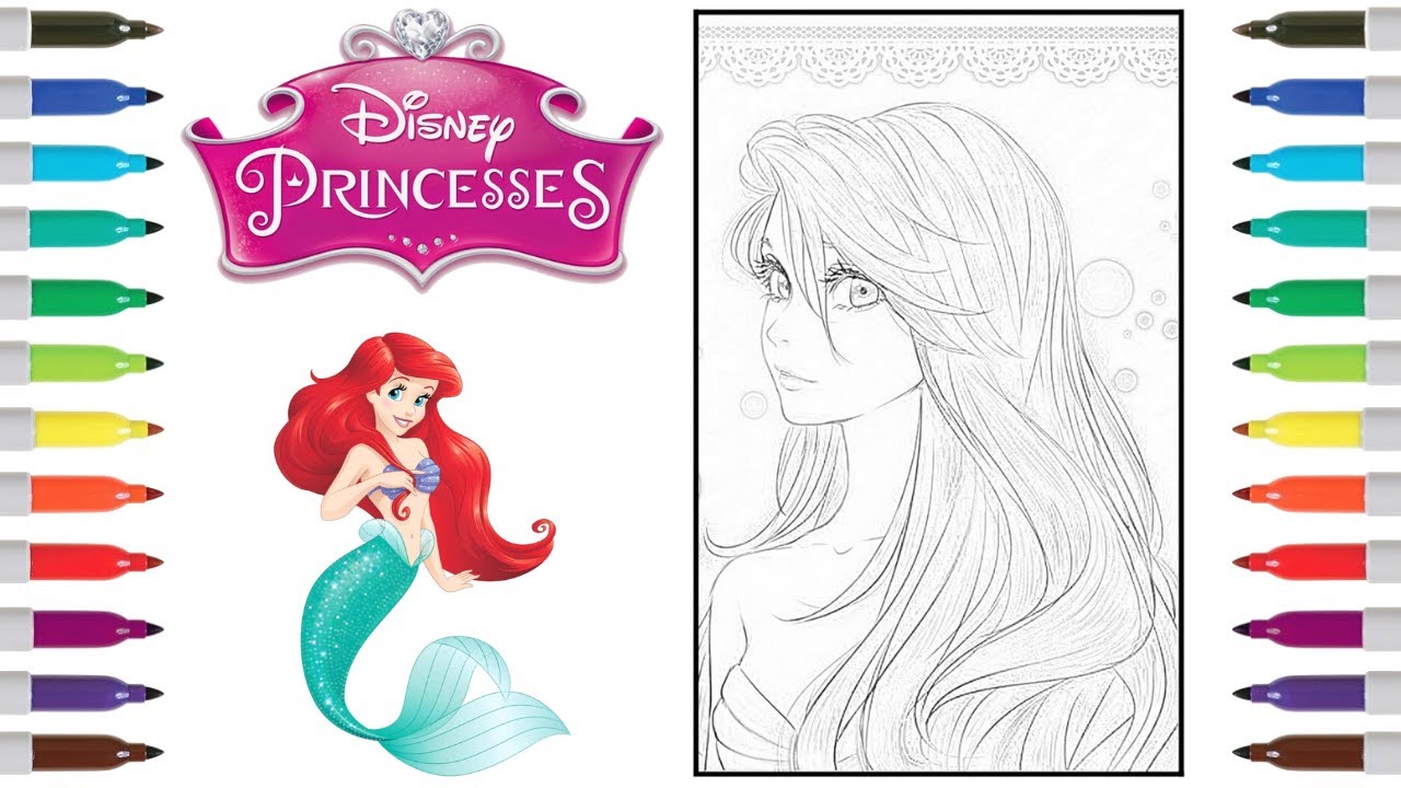 Disney princesses coloring book page ariel anime style princess coloring page