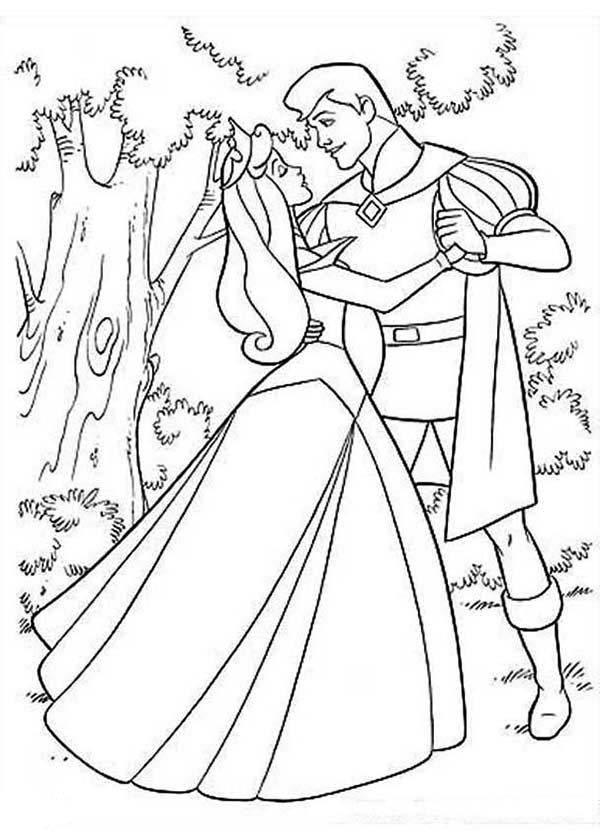 Princess aurora and prince phillip dance in the forest in sleeping beauty coloring page color luna