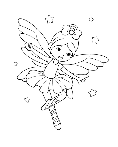 Premium vector cute fairy ballerina coloring page illustration