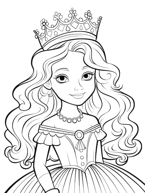 Premium photo cute princess in beautiful dress outlies illustration barbie princess line art coloring book