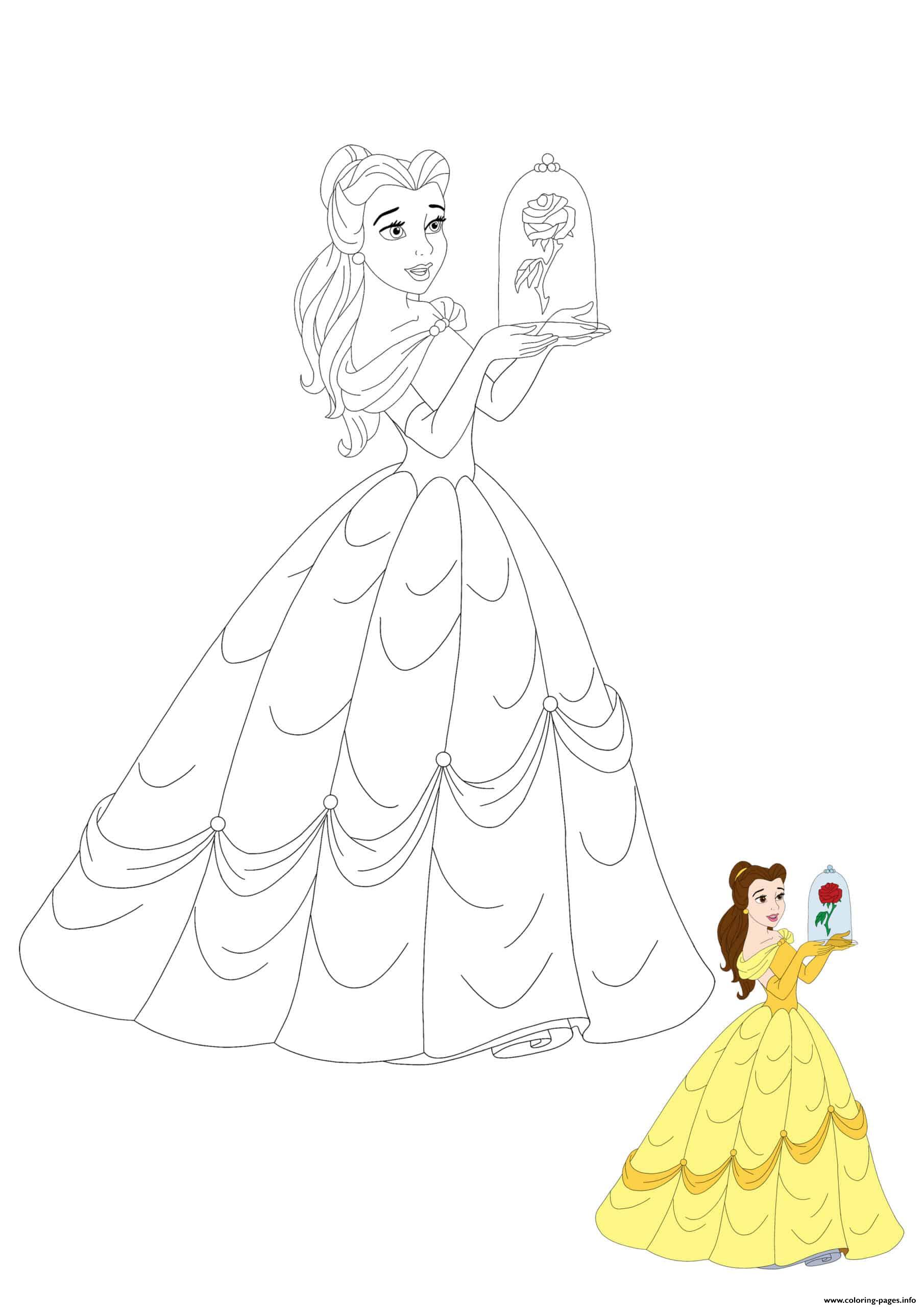 Princess belle with rose coloring page printable