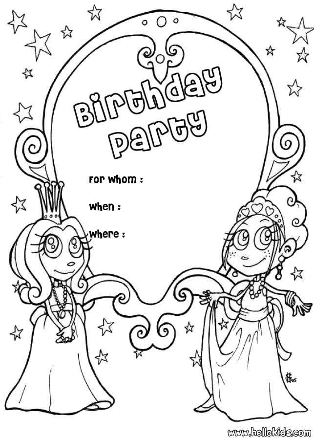 Princess birthday party invitation coloring pages