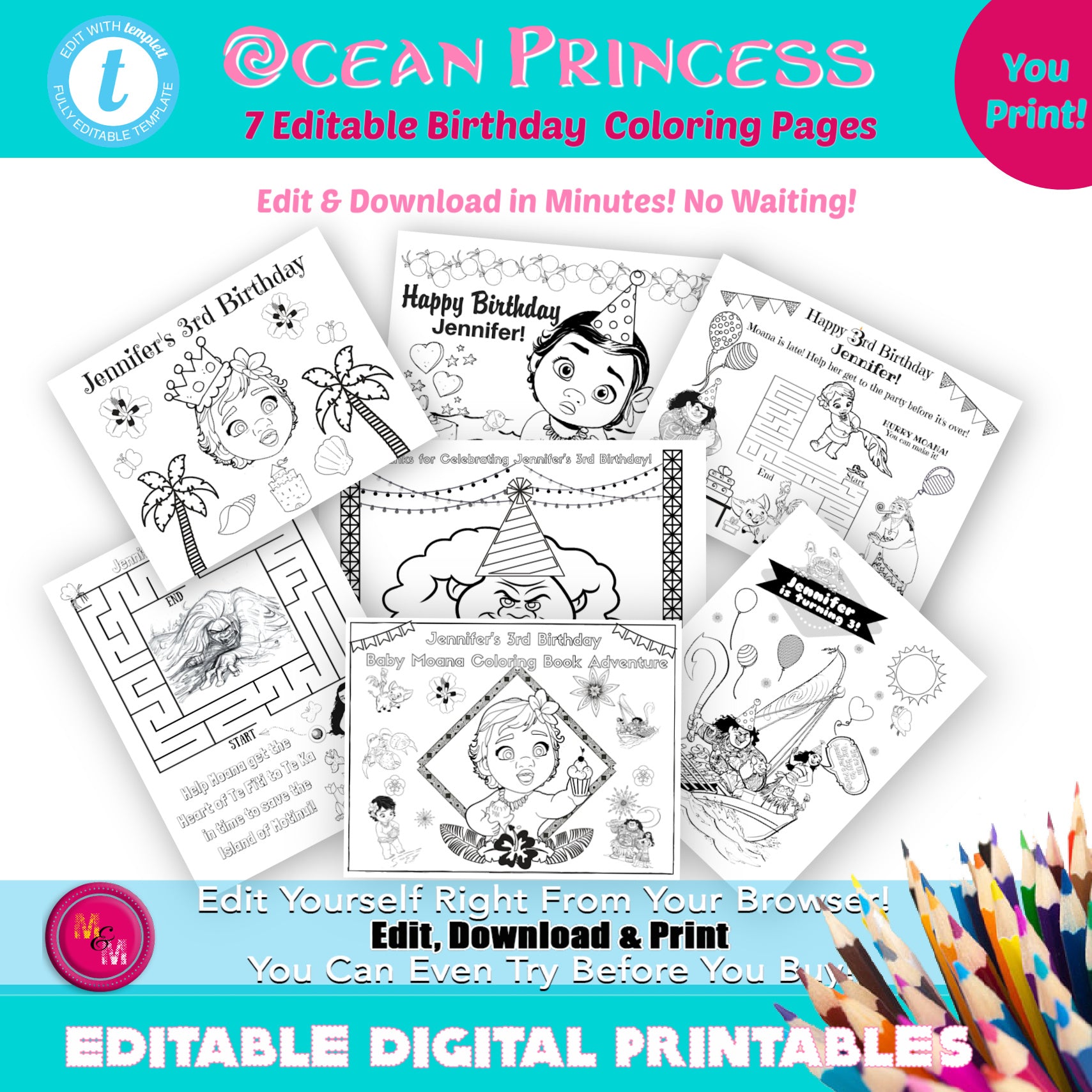 Editable baby moana coloring pages baby moana coloring book â mugmouse designs