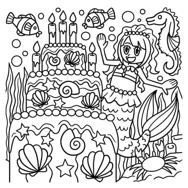Premium vector mermaid with a birthday cake coloring page