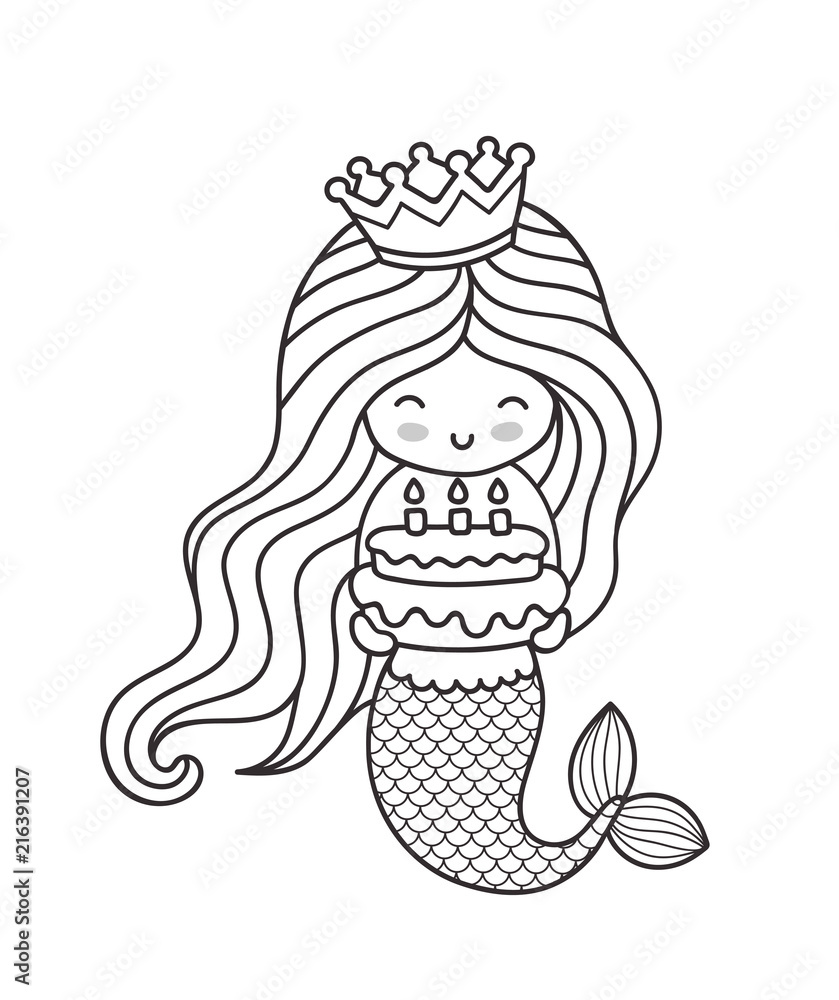 Little happy princess mermaid holding a birthday cake cute cartoon character outline illustration for coloring book card invitation poster print vector