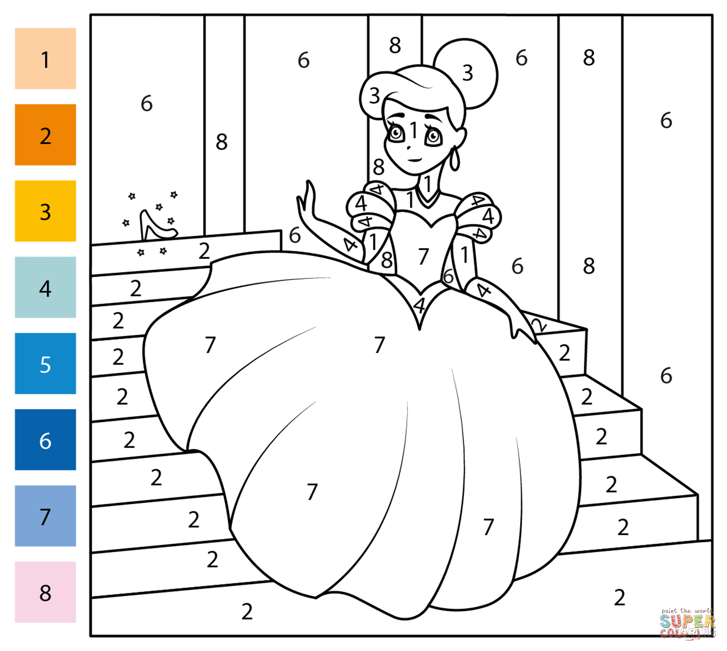 Cinderella color by number free printable coloring pages