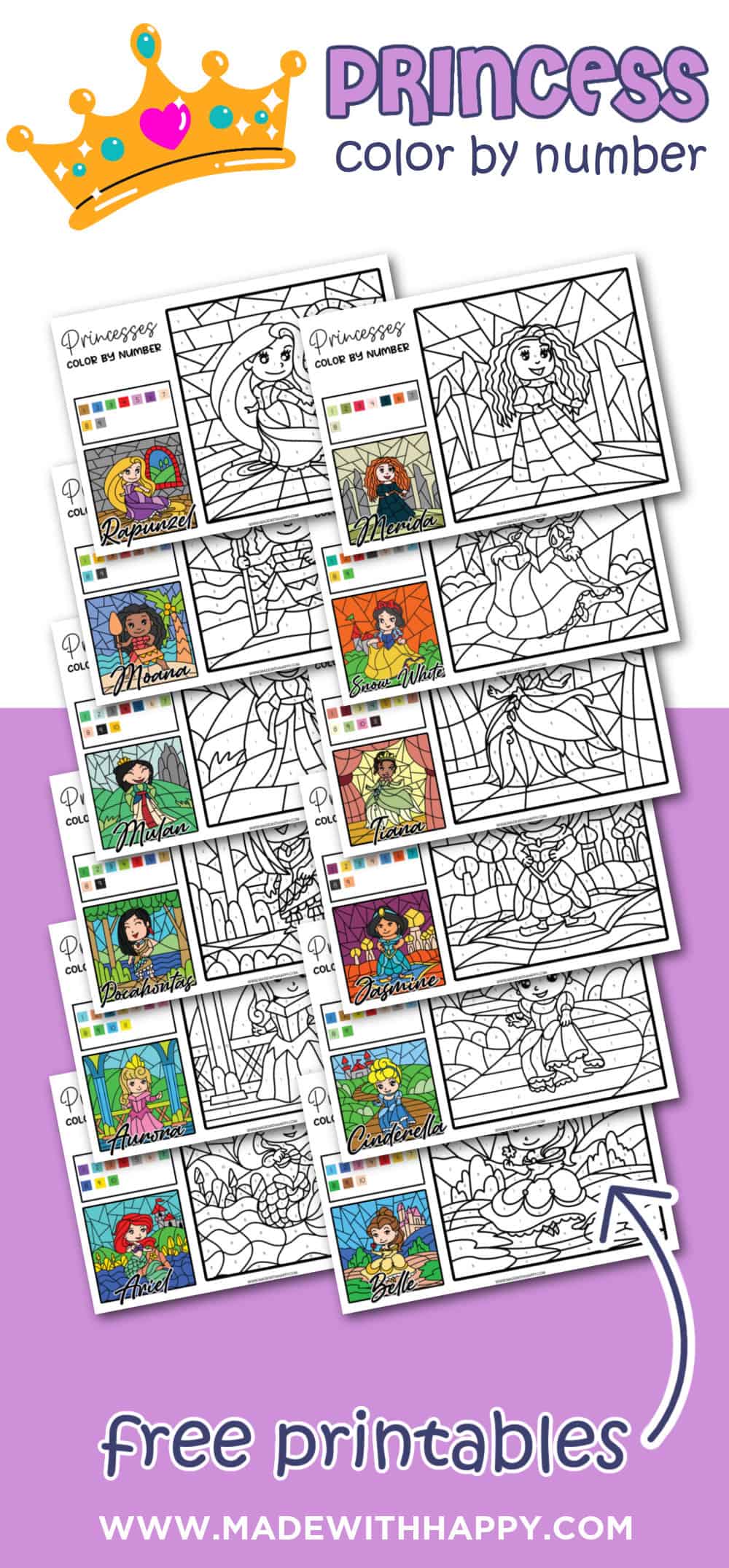 Free printable disney princess color by number pages