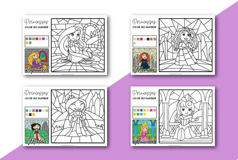 Free printable disney princess color by number pages