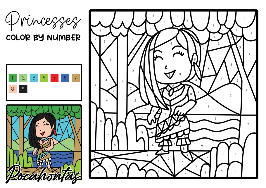 Free printable disney princess lor by number pages