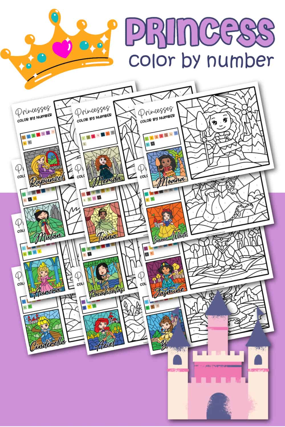 Free printable disney princess color by number pages