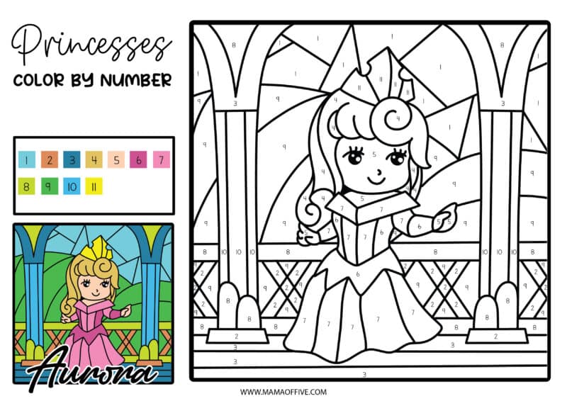Disney princesses color by number printable set