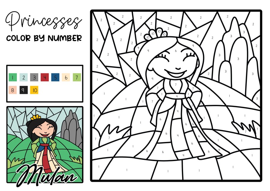 Free printable disney princess lor by number pages