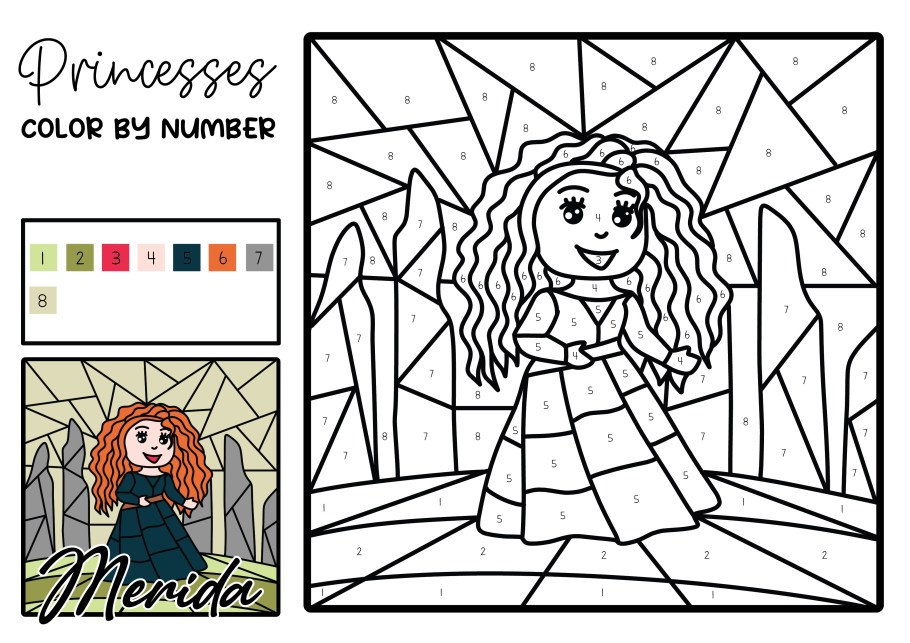 Free printable disney princess lor by number pages