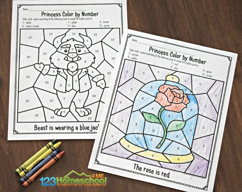 Ð free disney beauty and the beast color by number printable worksheets