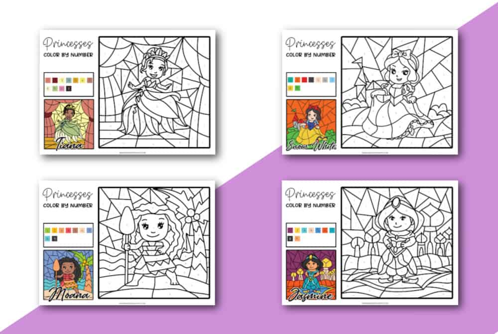 Free printable disney princess color by number pages