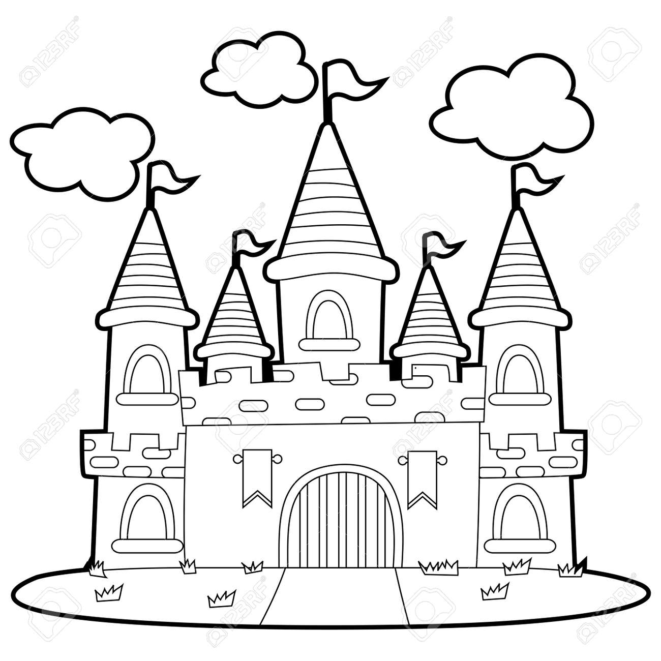 Coloring book outlined big princess castle illustration royalty free svg cliparts vectors and stock illustration image