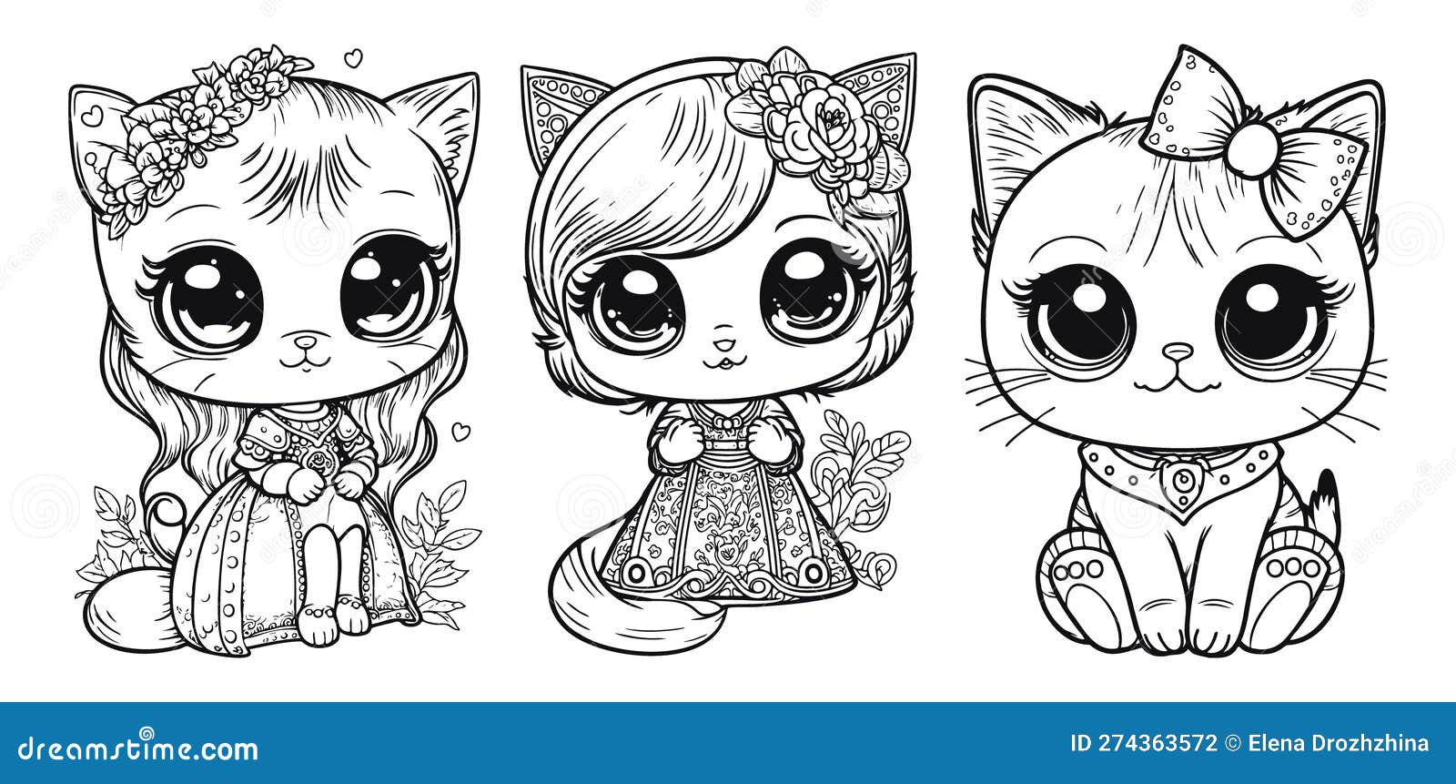 Set of cute cat princess in dress in line drawing stock vector
