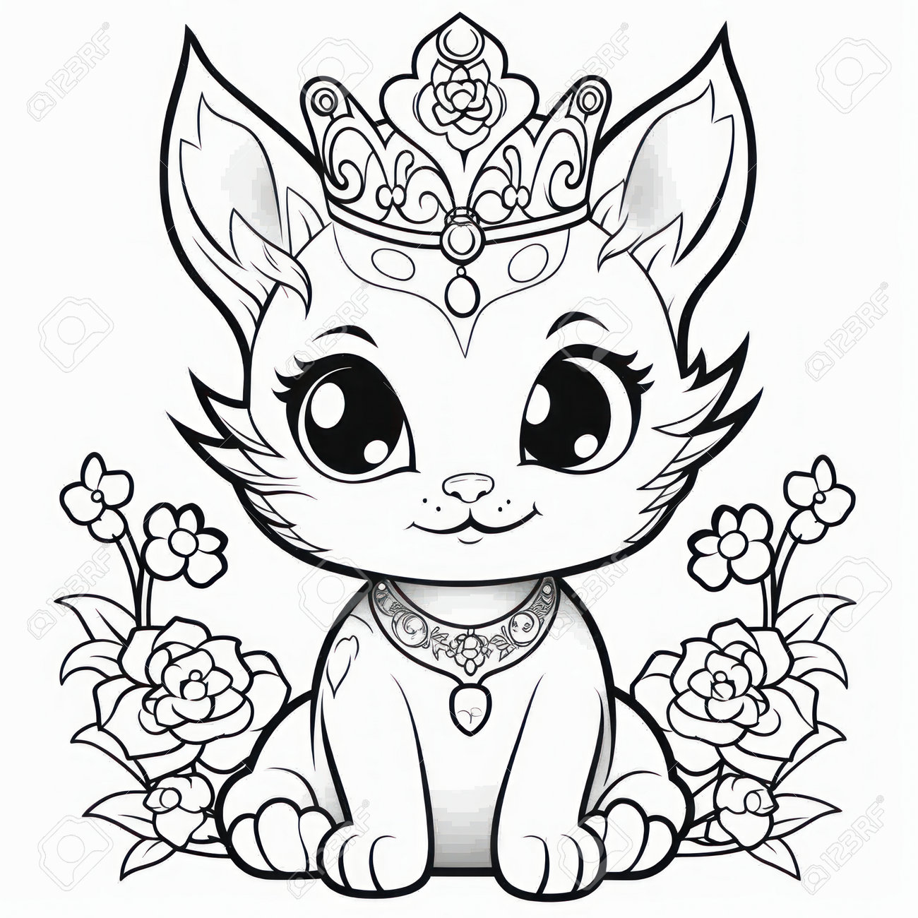 Cute little cat in a crown with flowers vector illustration free image and photograph